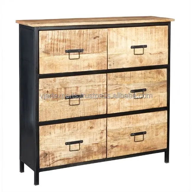 Beautiful Indian Designer High Quality Six Drawer Rustic Natural Wood Finish Living Room Bed Room Sideboard Chest of Drawer
