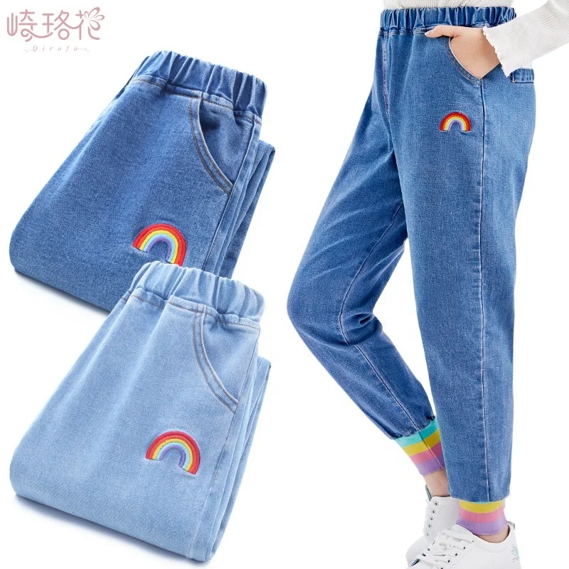 Quick shipping jeans pants for baby girl have rainbow cute and fashion