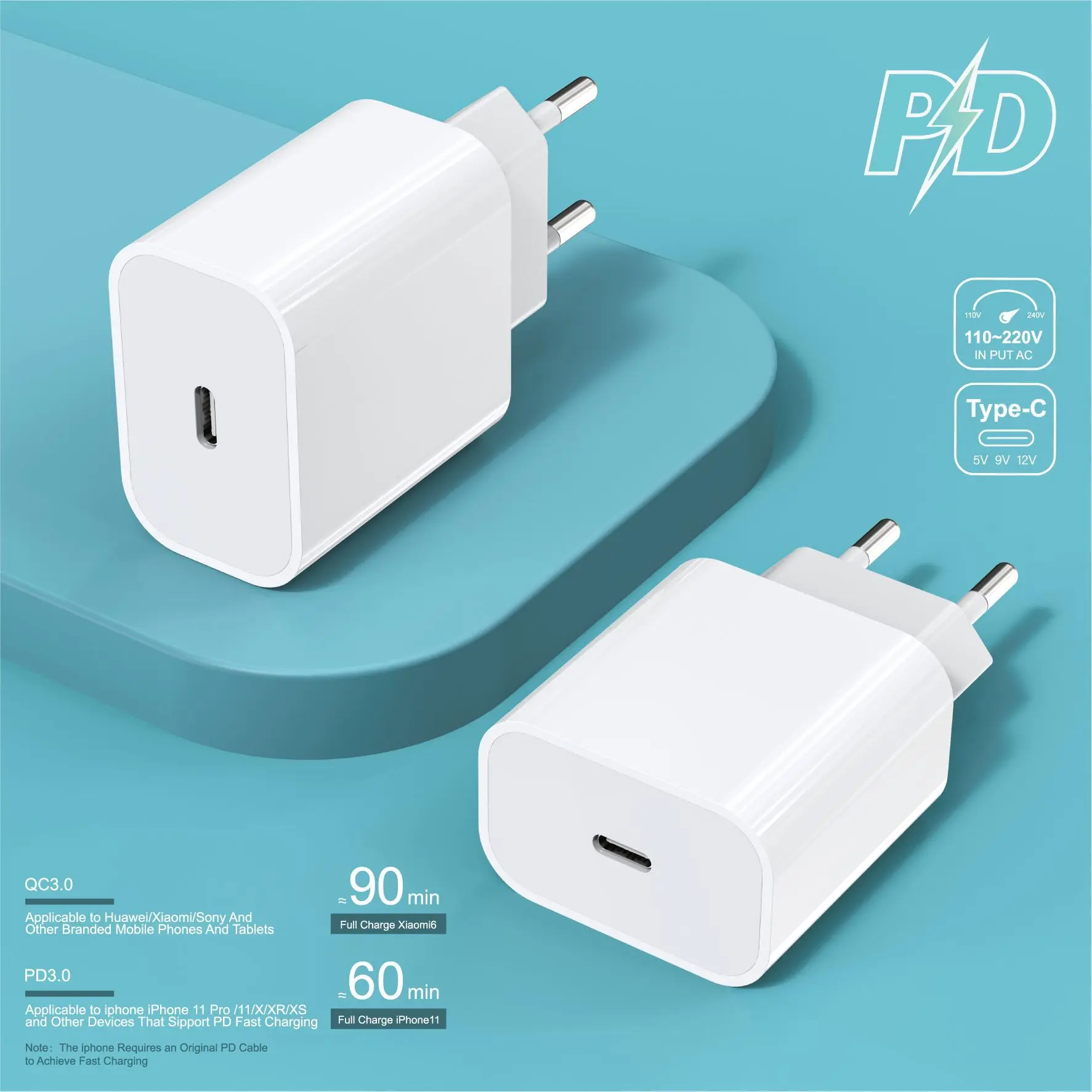PD 20W  EU US Plug  Charger Adapter QC3.0 Fast Charging USB Travel Mini Quick Charger
