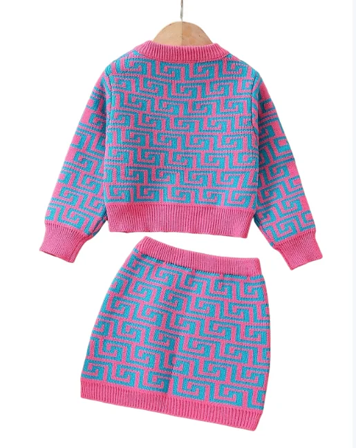 Young Girl Casual All-Over Print Rose Cardigan Half Skirt Knit Suit Solid Pattern