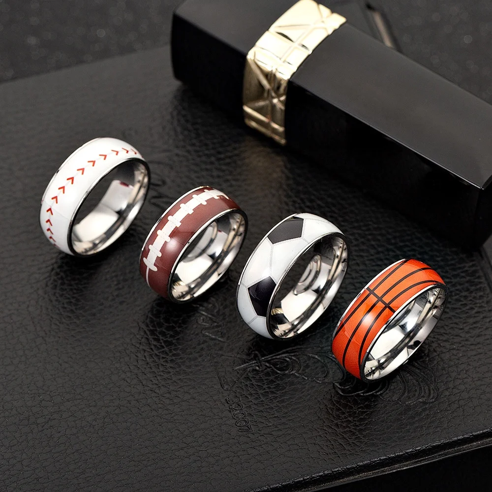 Ouj Stainless Steel Transparent Plastic Glue Football Basketball Baseball Sport Ring for Men