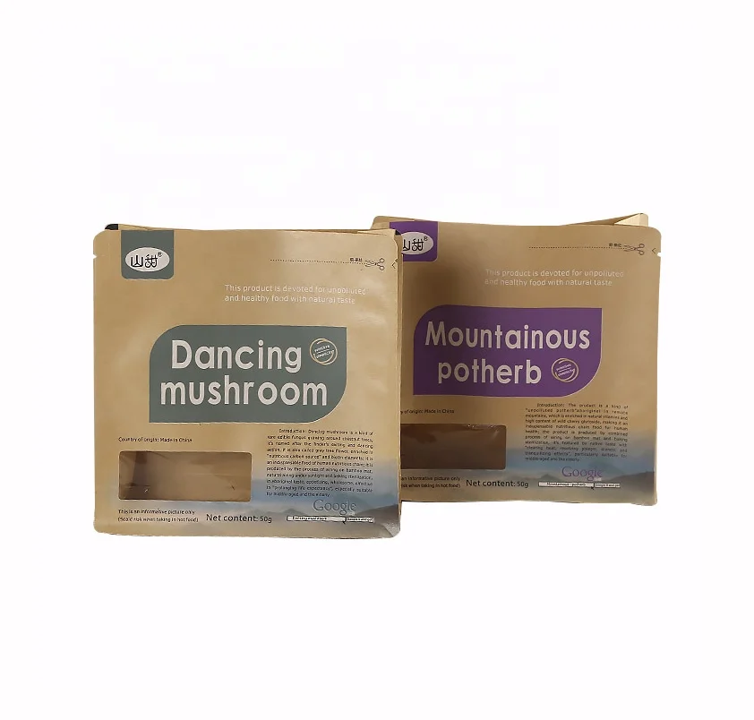 250g 340g 500gram 1kg Stand Up Pouch Eco Biodegradable Kraft Paper Flat Bottom Custom Packaging Mushroom Bag with Clear windows
