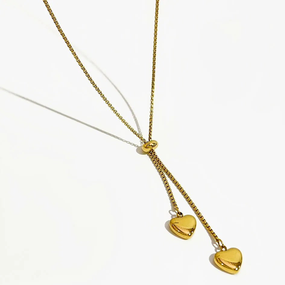 Elegant Adjustable Movable Lariat Stainless Steel 18K Gold Necklace Women Dainty Heart Pendant Box Chain Choker Romantic Jewelry