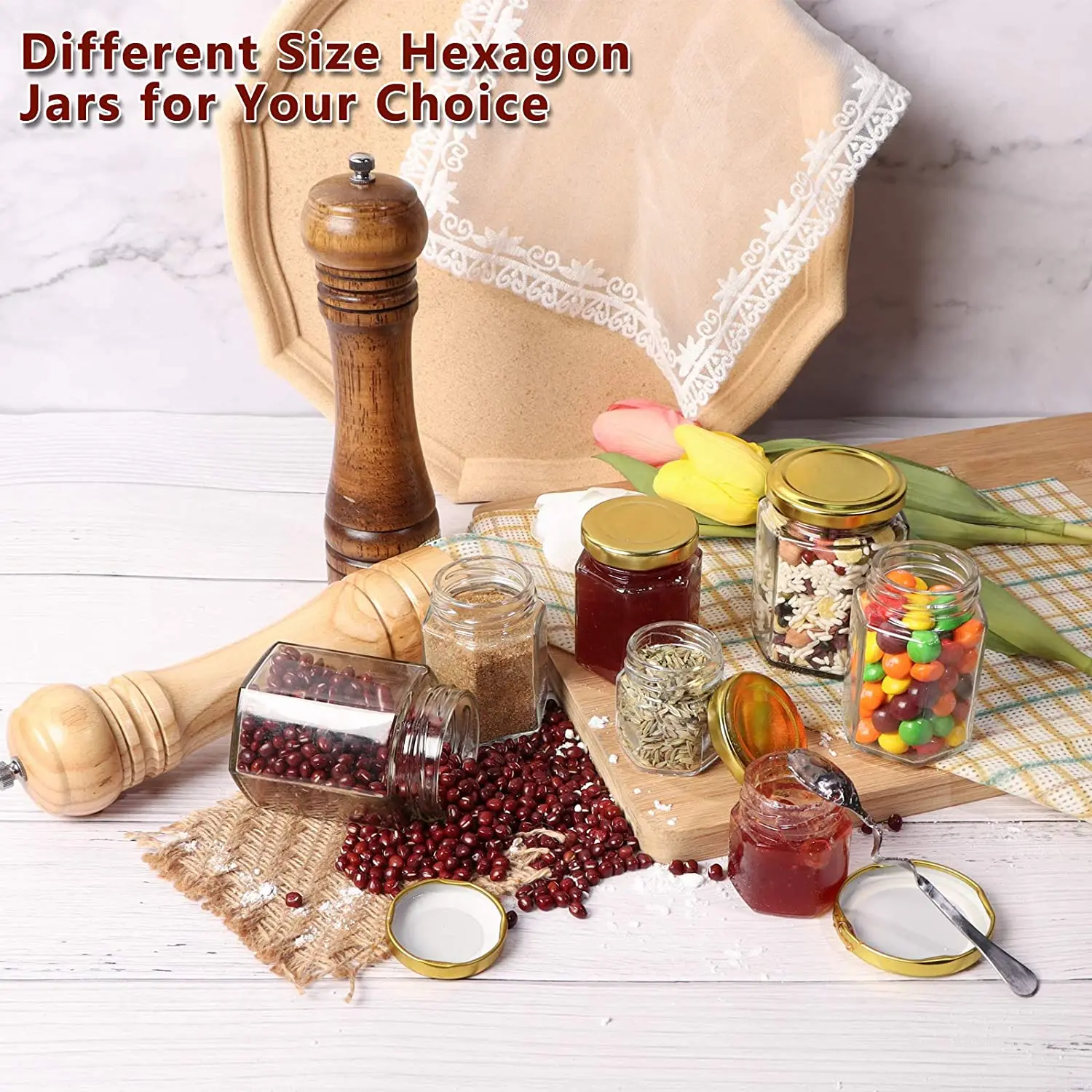 Wholesale Kitchen Use Clear Hexagon Shaped Glass Storage Jar Food Honey Jam With Metal Lid