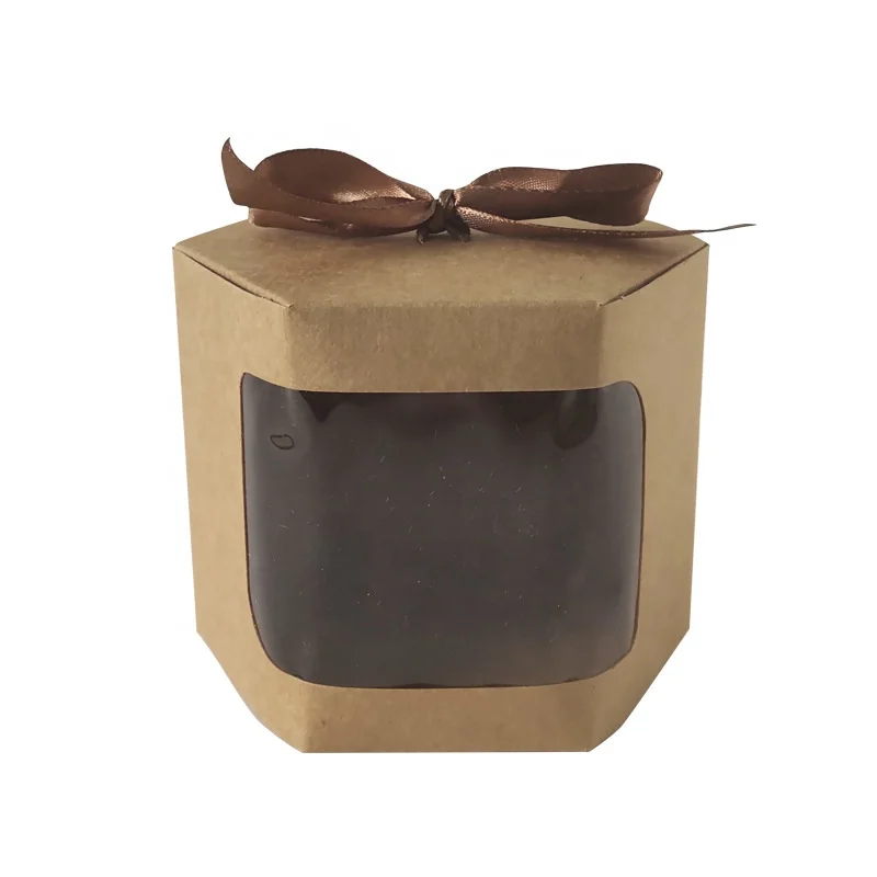 Kraft Packaging With Clear Window Customized Brown Kraft Paper Dessert Box Ribbon Handle Hexagon Polygon Box