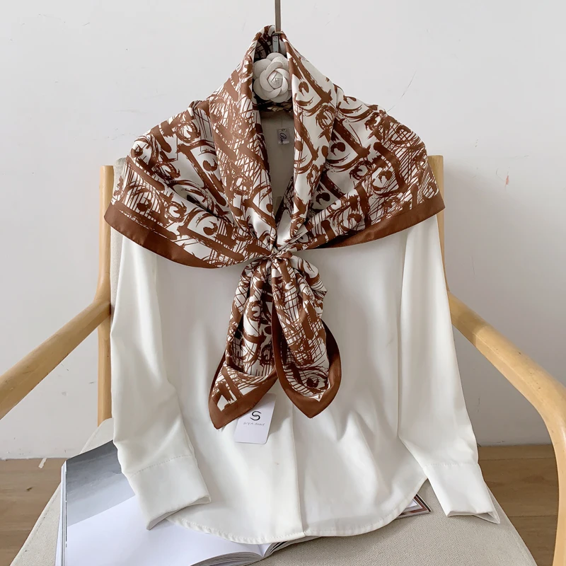 Hot Sale Custom Luxury 90cm Silk Scarf Luxury Brand Designer Hair Scarf Print Head Scarf Large Handkerchief Hijab Shawl