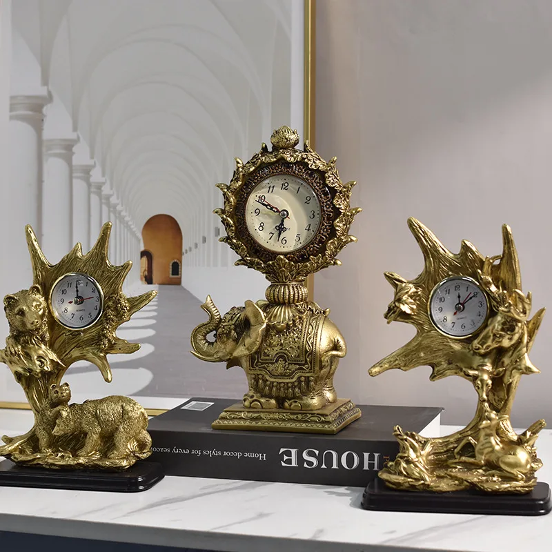 Retro Animal Decoration Desk Top Clock For Living Room Resin Gold Tiger Eagle Office Decor Clock