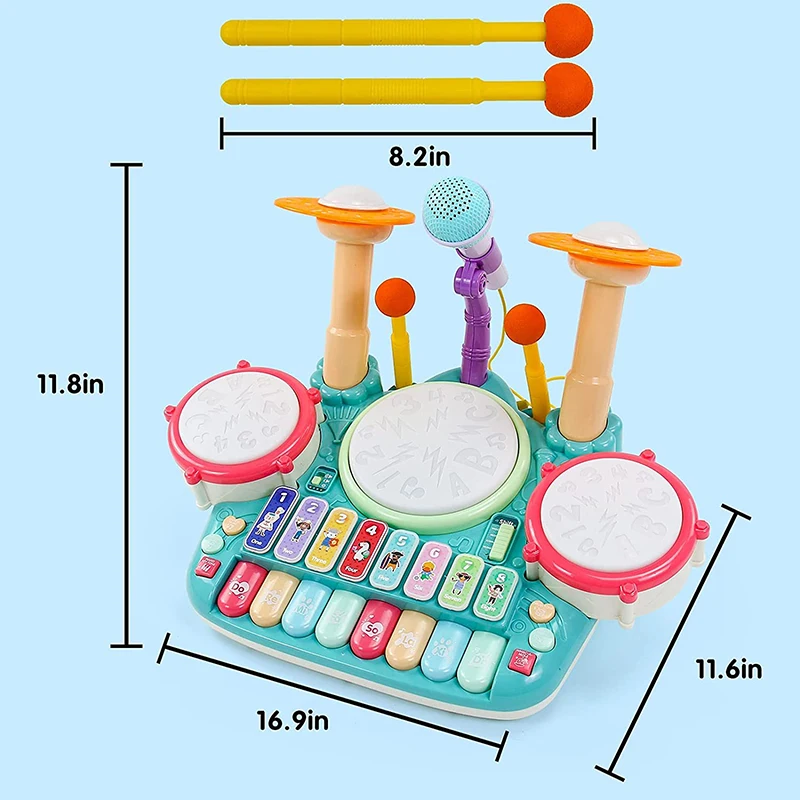 Electronic Baby Musical Toys 3 in 1 Piano Keyboard Xylophone Drum Set with Microphone