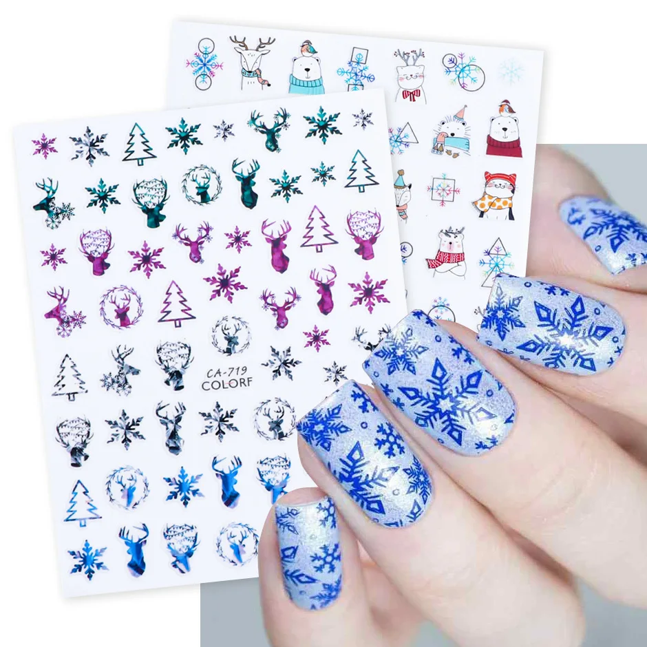 Cartoon Christmas 3D Sliders For Nail Cute Bear Snowflakes Santa Decal Winter Decor Gel Polish DIY Manicure Stickers