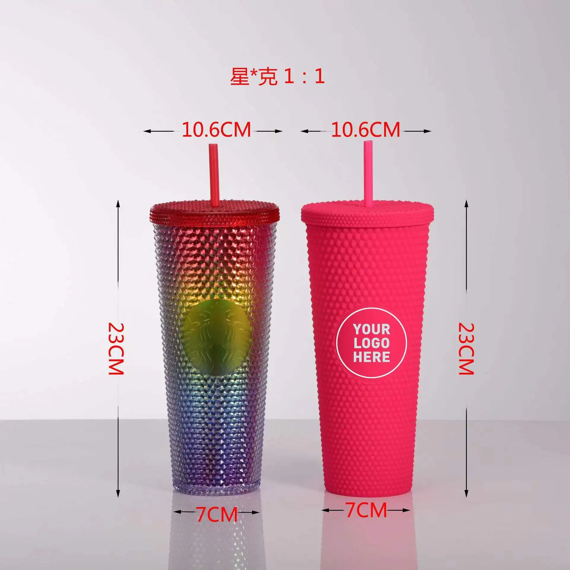 BPA Free Double Layer Cups Coffee Cup Plastic Diamond Tumbler Durian Cup With Straw And Lid