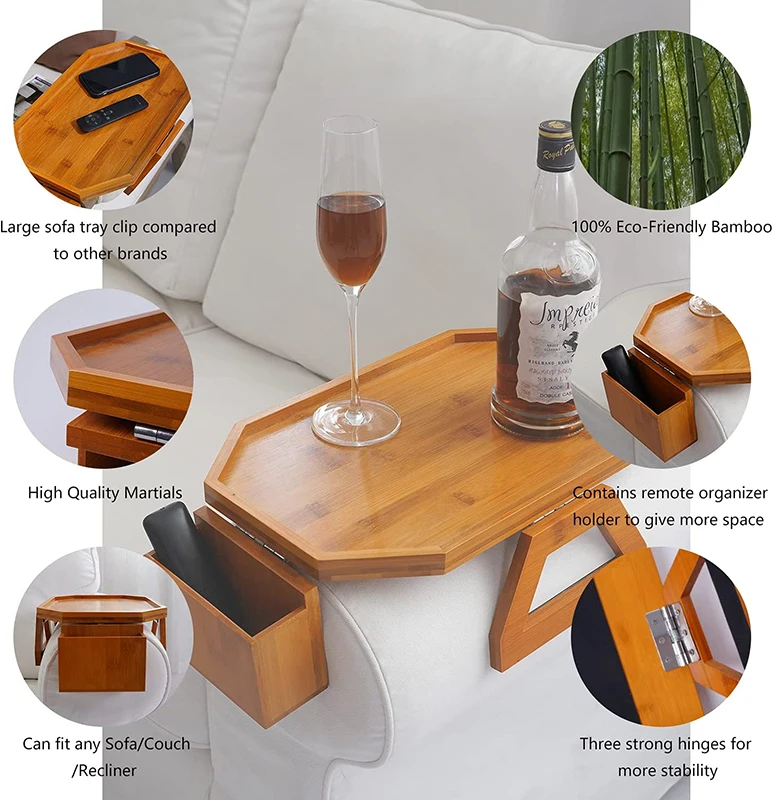 Large Clip-On Wooden Bamboo Couch Sofa Arm Table Armchair Armrest Tray With Remote Control Organizer for Food Drink Snack Coffee