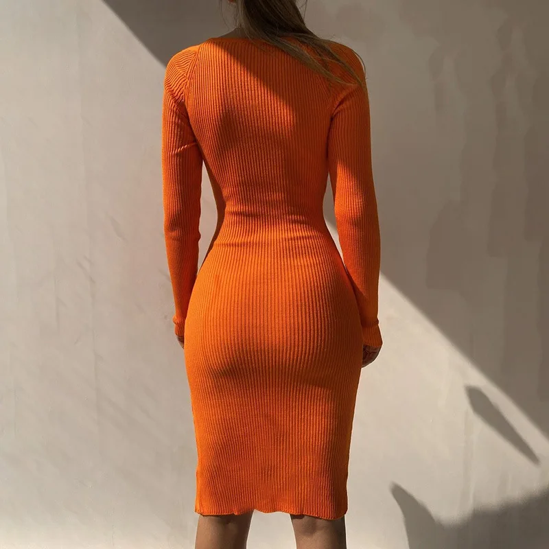 2022 autumn casual evening party sexy custom solid color bodycon long sleeve square neck ribbed knit sweater womens dresses