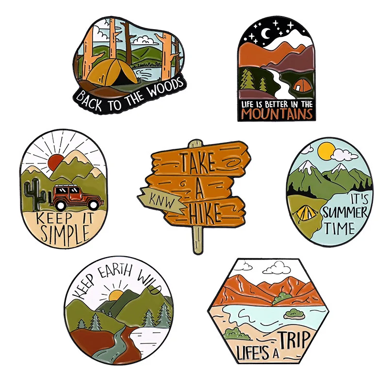 Outdoors Wild Camping Lapel Pins Take a Hiking Adventure Mountain Trip Brooches Enamel Pin Metal Badges