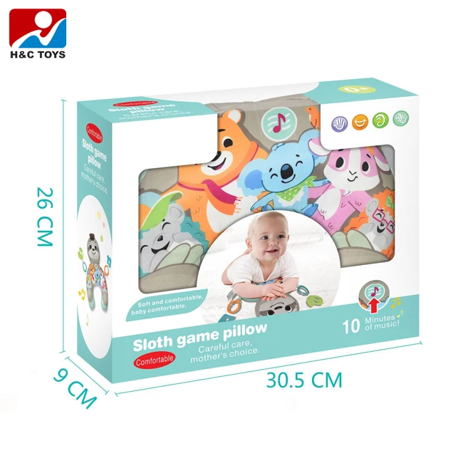 Comfortable soft cartoon animal game lie down pillow toy with rattle baby pillow u shape