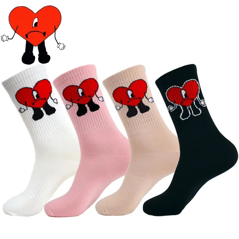 New fashion custom logo socks soft pink Cotton red heart socks Cute bad bunny Pattern sports tan  crew socks