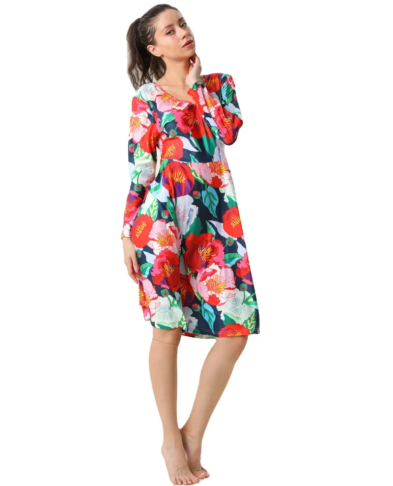 New Arrivals Wholesale Ultra Soft Fashion Women Full Long Sleeve Dress Red Flowers Four Seasons Lady Soft Dresses with Pockets