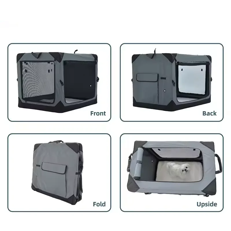 Light Grey Breathable Oxford Dog Kennel with 4 Doors Washable Durable Mesh Window Pet Crate for Camping
