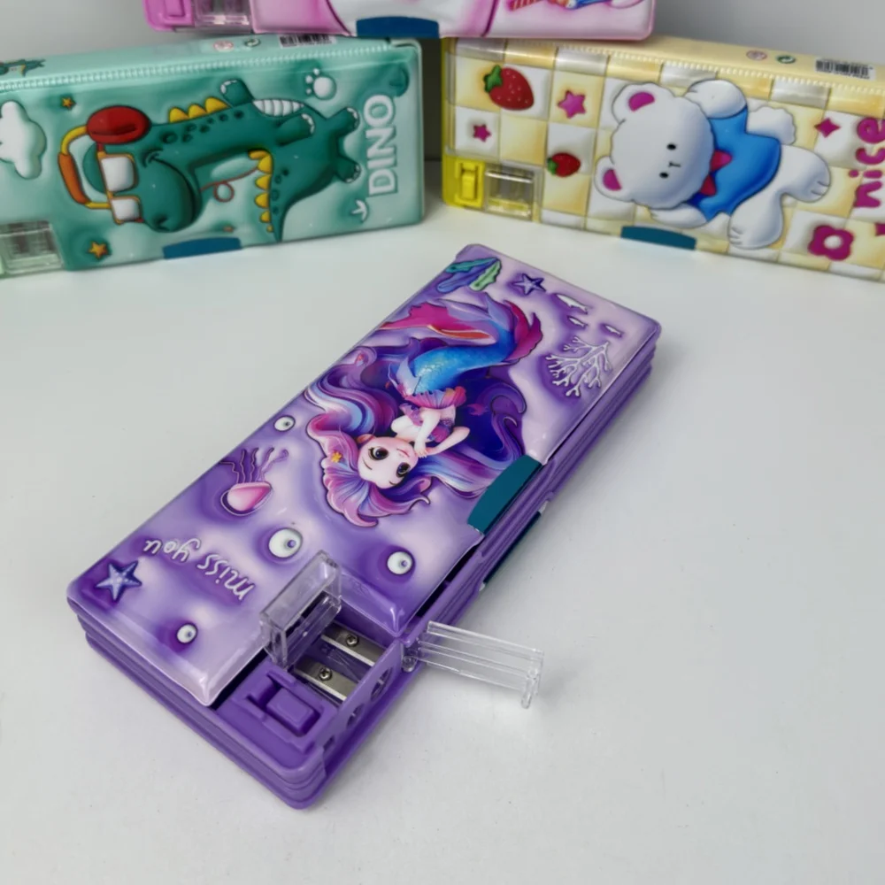 Large capacity kids student pencil case wholesale, double-sided plastic pp cute pattern student gift pencil stationery box