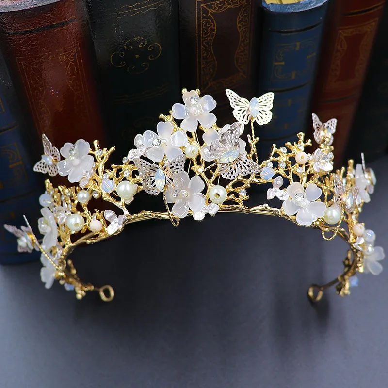 Europe and America Baroque Handmade Tiara Crowns Princess Beauty Pageant Butterfly Flower Crystal Party Crown