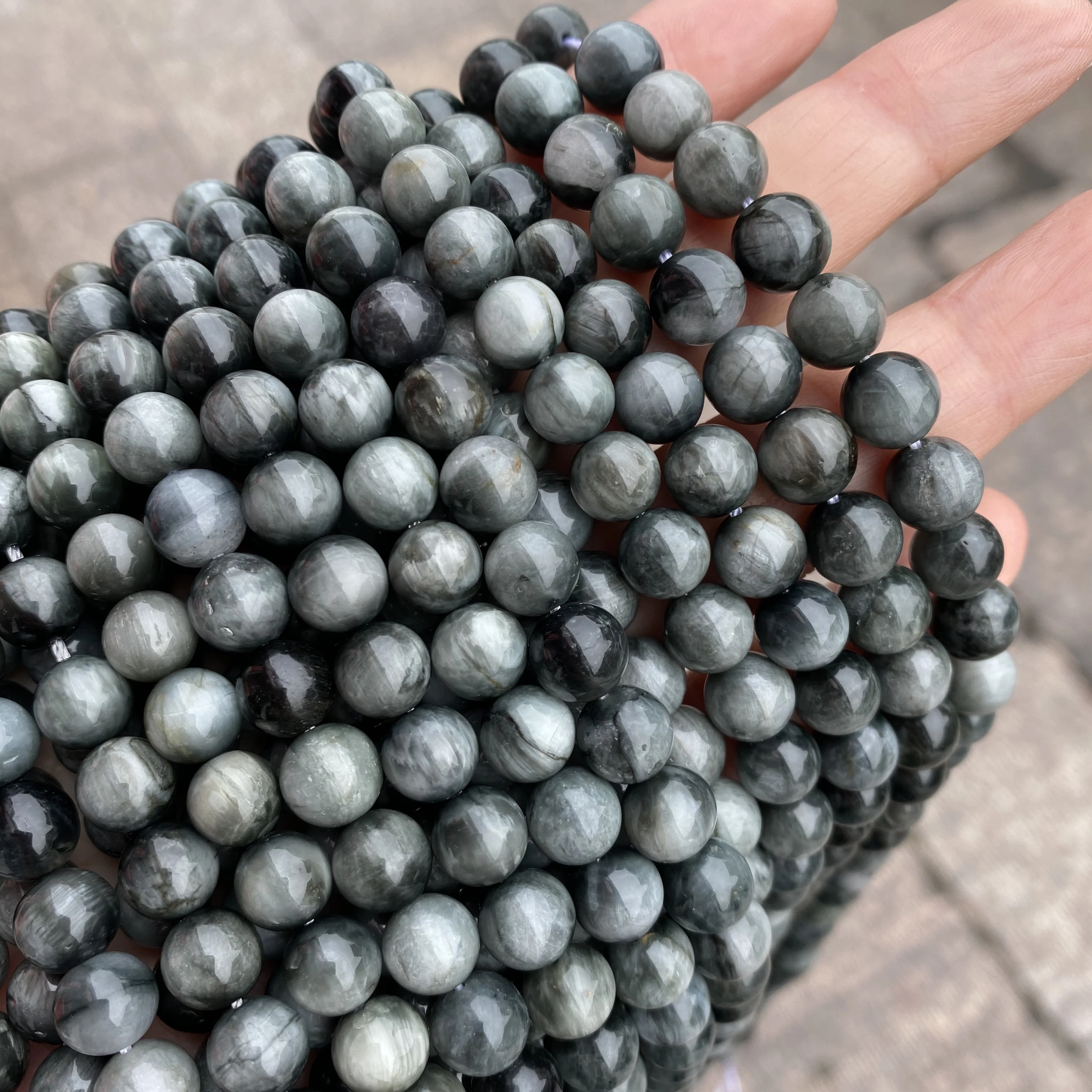 Amazon Natural Stone Beads Gemstone Smooth Loose Round Gray Kyanite Hawk Eye Gray Eagle Eye Stone Beads for DIY jewelry making