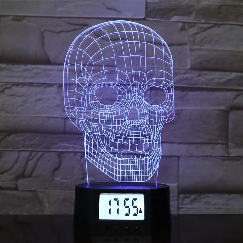Skull designs 3d led colorful hplogram night light time clock base lamp with remote