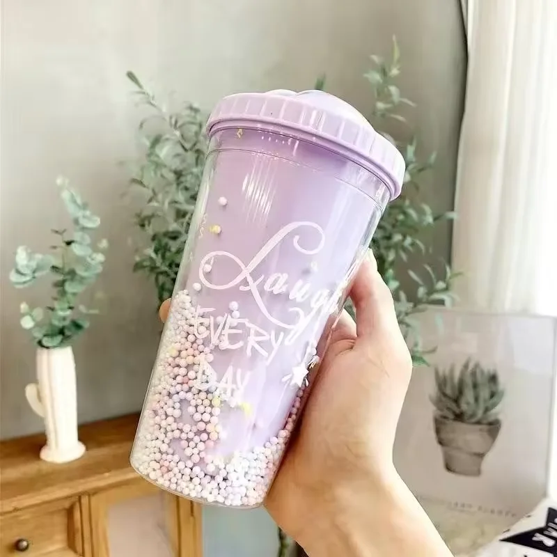 2024 new Reusable Colored Bead Ranibow Water Bottle Girls Plastic Double Wall Tumbler Cup with Lid & Straw