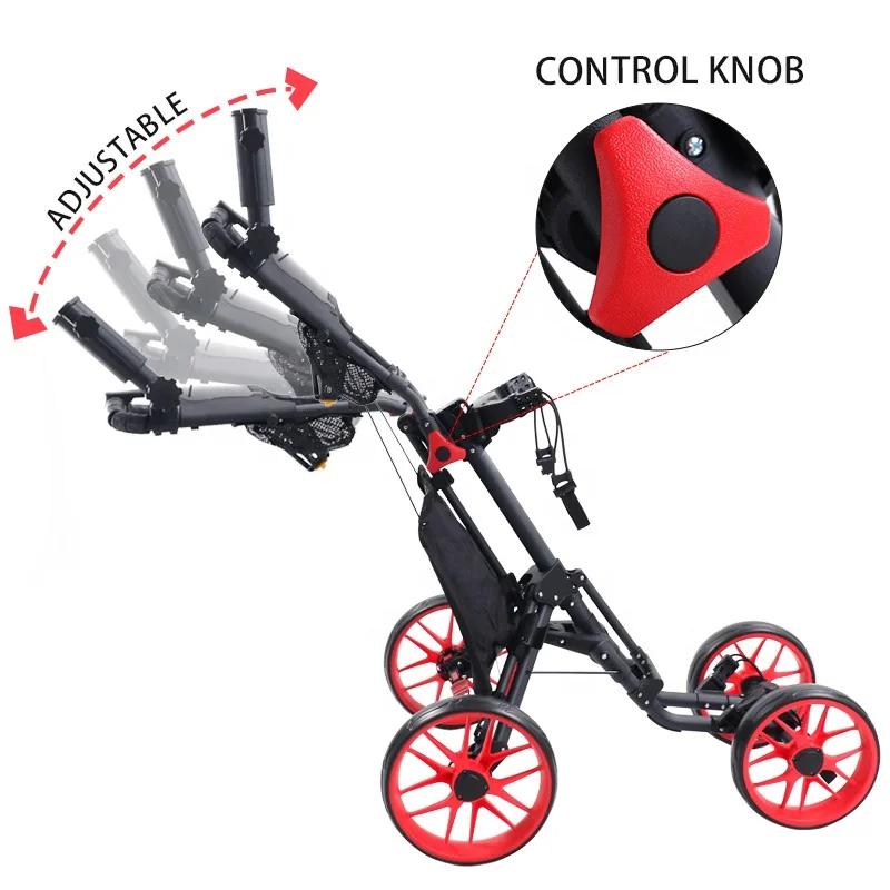 HOW TRUE High Quality Foldable Aluminum Push Golf Cart 4 Wheel Golf Trolley With Foot Brake Umbrella Holder Drink Cup Holder