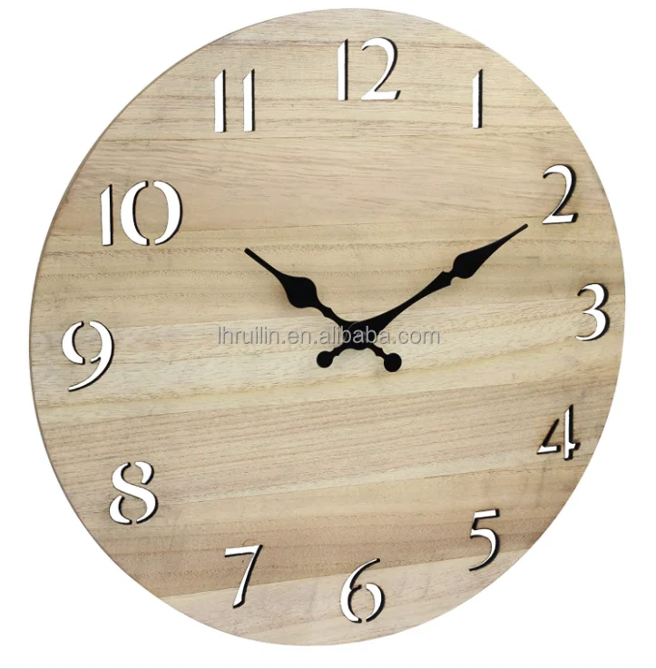 Modern Wood 14 Inch Round Battery Operated Hanging Wall Clock with Cut Out Numbers Natural Wood Base Wood Base