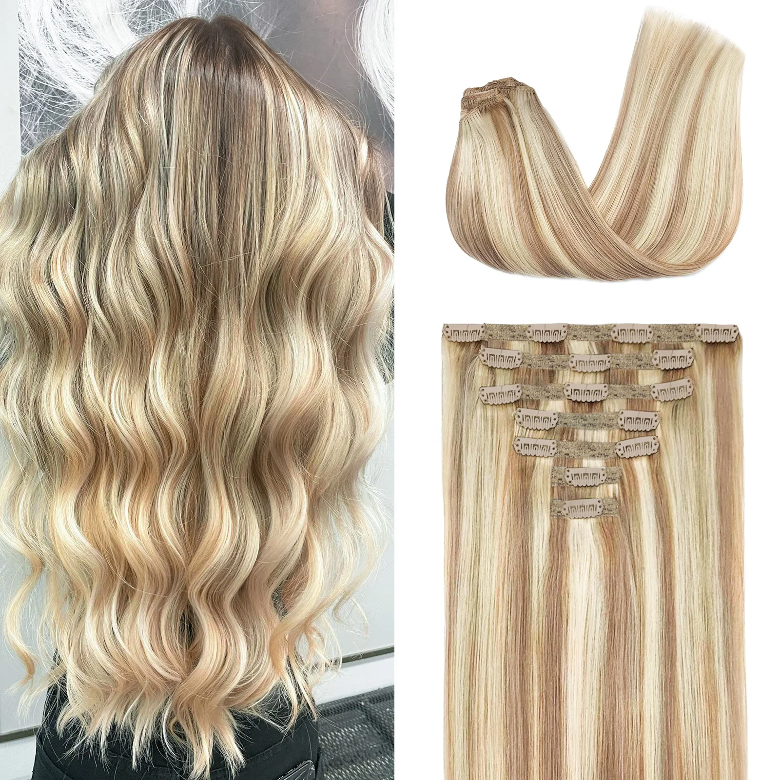 Fast Delivery 14-24inch 7PCS 120g/set Straight Clip ins Hair Extension Piano Color #18/613 100% Remy Human Hair Extensions