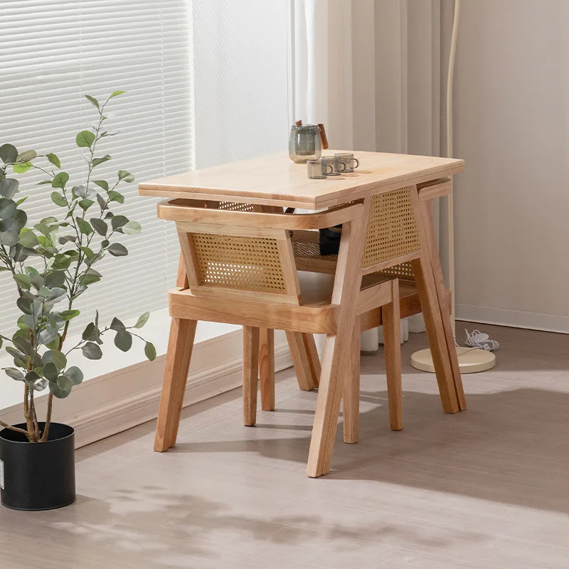 Japanese recycled pine wood table and chair set square restaurant dinning table set rattan balcony small tea table and chair