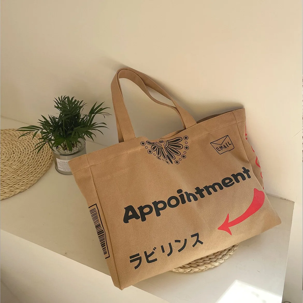 Creative Large Capacity Totem Canvas Fashion Khaki Single Shoulder Tote Bag Student Class Straddle Bag