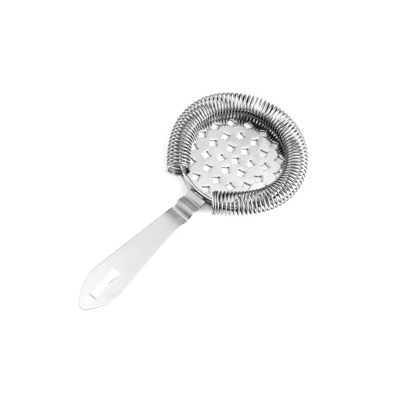 Food grade Stainless steel ice filter strainer long round handle cocktail net leakage ice tool with High Density Spring for bar