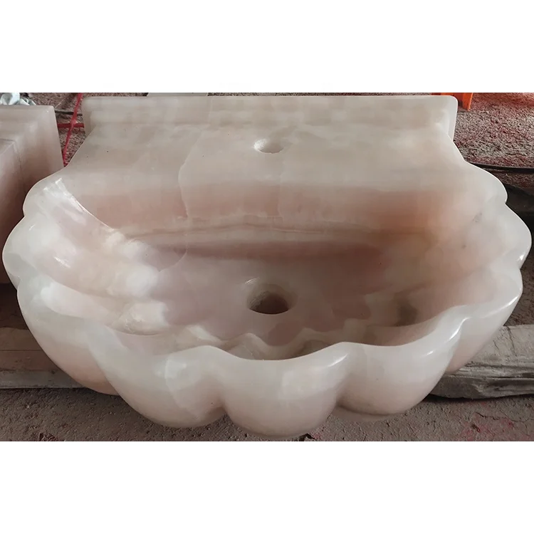 Small size natural stone marble shell shaped wall hung pink onyx bathroom sinks