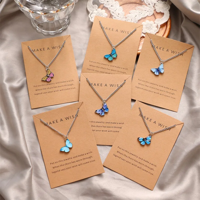 Korean Fashion Butterfly Pendant Necklace For Women Golden Color Clavicle Chain Make Wish Card Friendship Couple Family Jewelry