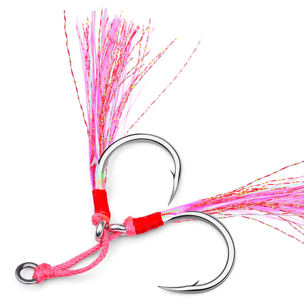 Double Hook Metal Jig Assist Hook PVC Bright Colorful Silk Luminous Feathers Saltwater Fishing Hook