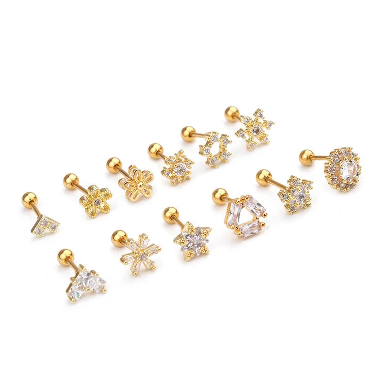Geometric Snowflake Zircon Stud Earring Single Earring Stainless Steel Screw Earrings Creative Ear Piercing Jewelry
