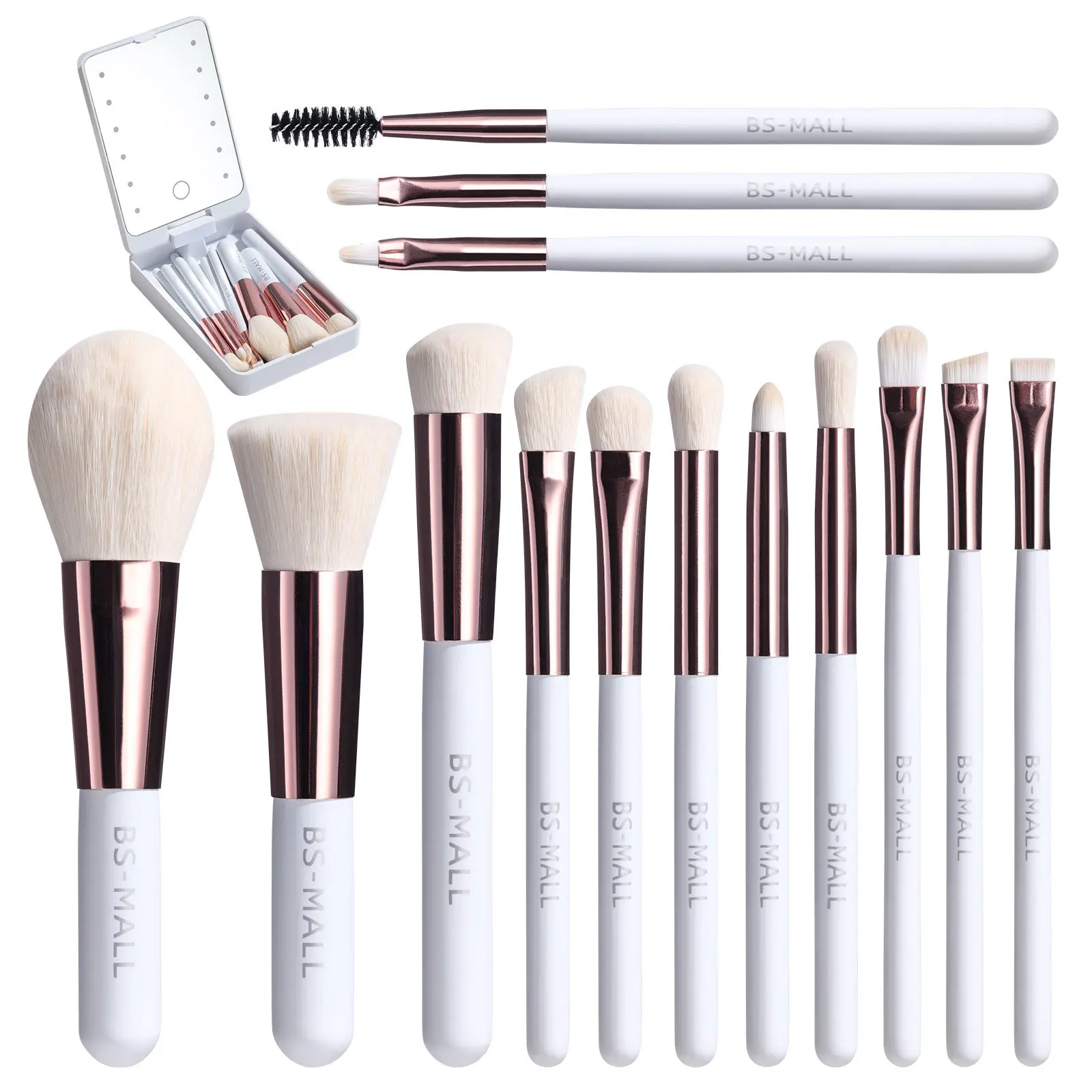 New Mini Makeup Brush 14pcs Travel Powder Concealer Eye Shadows With Led Light Mirror