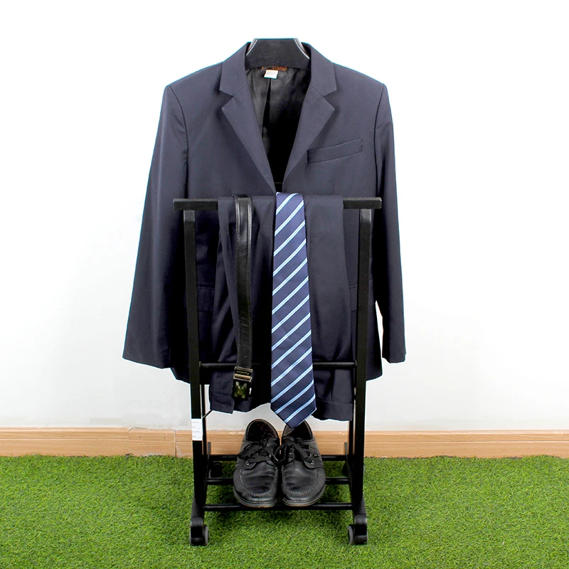 Wholesale wooden standing clothes coat rack for hotel room suit valet stand