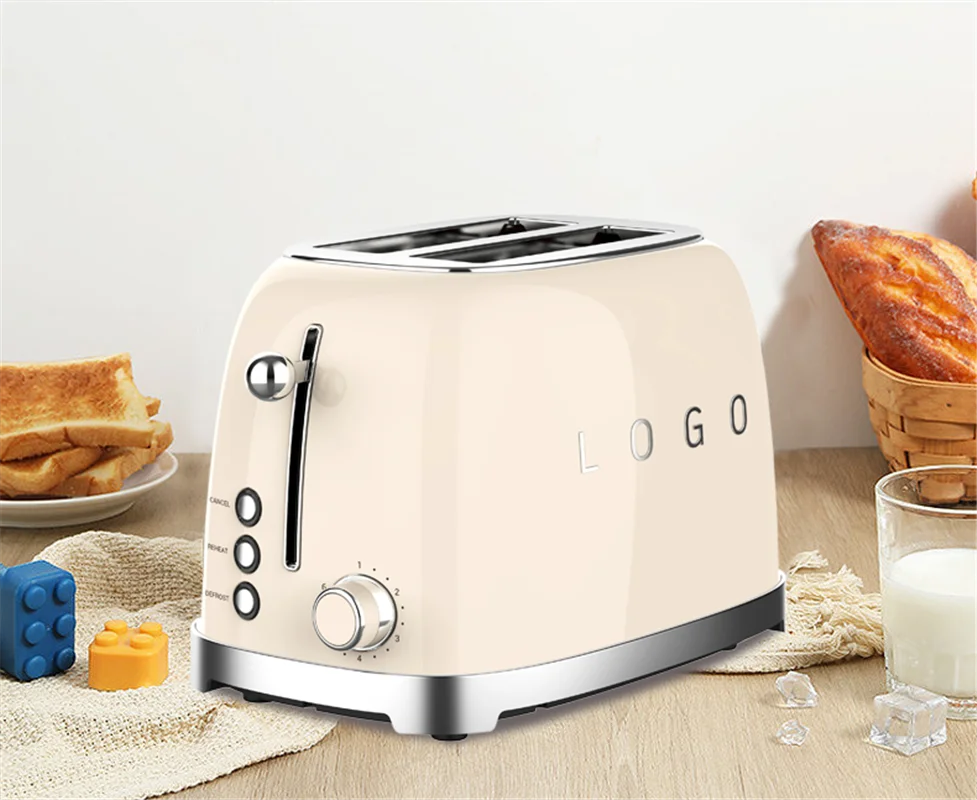 OEM/ODM Custom Logo 2 Slice Toaster Retro Home Appliances Automatic Pop up Bread Toaster Stainless Steel Electric Toaster Plasti