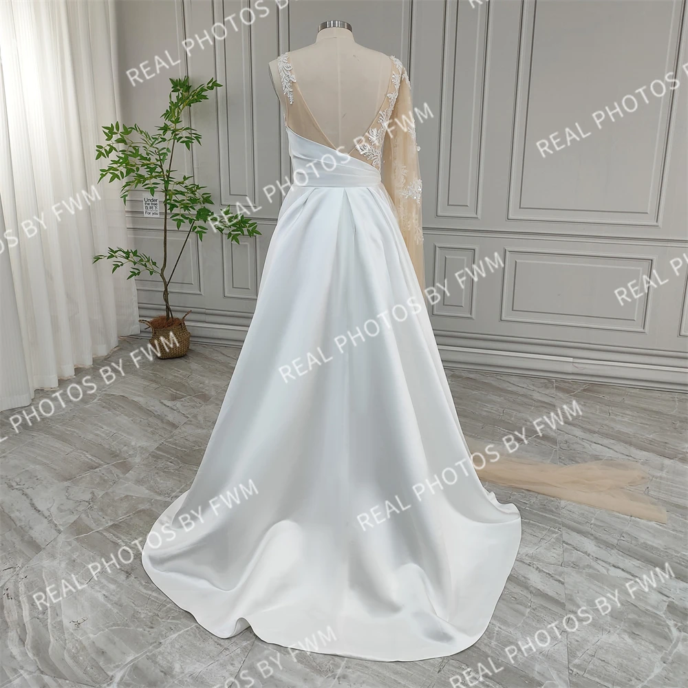 100%Real Photos High Quality Beaded Sequined Applique A-line Satin Wedding Dress Elegant Women Ball Gown Bride Dress For Wedding