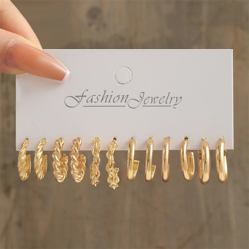 6Pcs Fashion Vintage Pearl Hoop Earring Set Alloy Pearl Crystal Hoop Earrings Jewelry Set