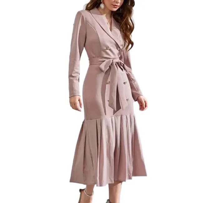 2022 New double-breasted shawl collar pleated hem belted waist career suit dress for women