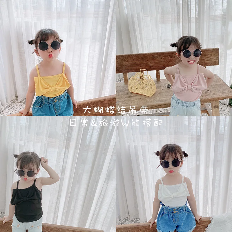  Летняя майка SS20210 для маленьких девочек однотонный черный и белый топ с бантом повседневный жилет