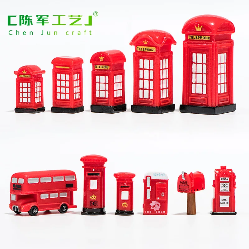 Red retro series resin crafts telephone booth mailbox refueling machine vending machine bus ornament desktop decoration trinkets