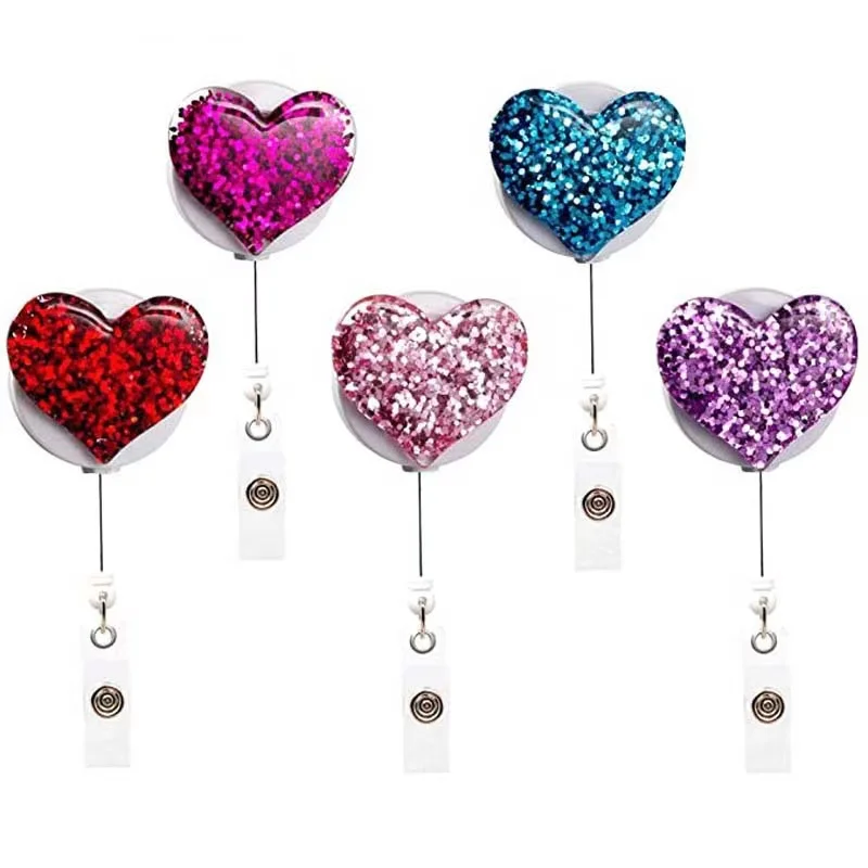 Multi color Lovely PU Cherish  Bling Heart Retractable ID Badge Reel Holder with Swivel Clip