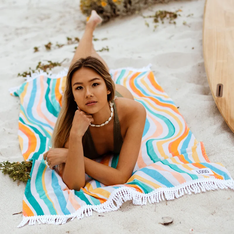 Factory OEM Custom Personalized Logo digital Printed 100% Cotton Fabric Rectangle Large Oversized Terry Cotton Beach Towel