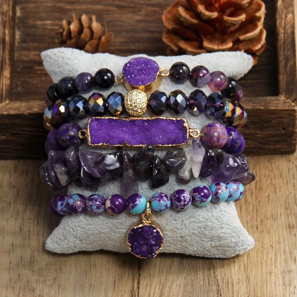 Fashion women Boho Jewelry Natural Crystal glass Beads Gemstone Druzy Charm Bracelet & Bangle 5pc Stack Bracelets Sets