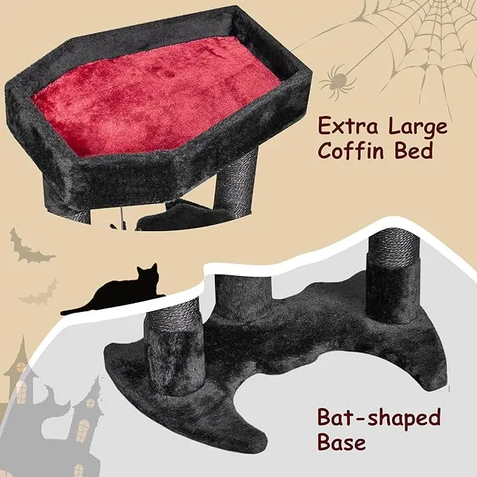 Black Cats Halloween Cat Tower: Coffin Bed, Spacious Condo, Scratching Posts, Spider Toy. Gothic Pet Furniture