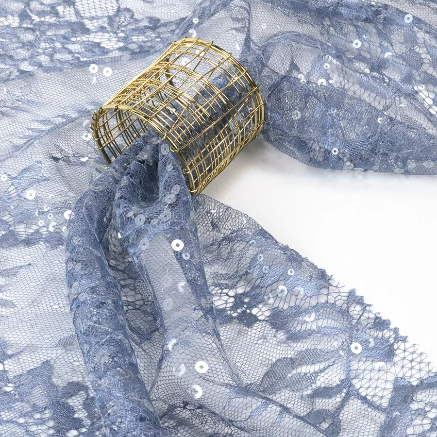 Stylish Luxury Flower Embroidered Bridal Dress Making Lace Fabric for Wedding and Party with 3mm 5mm Transparent Sequin