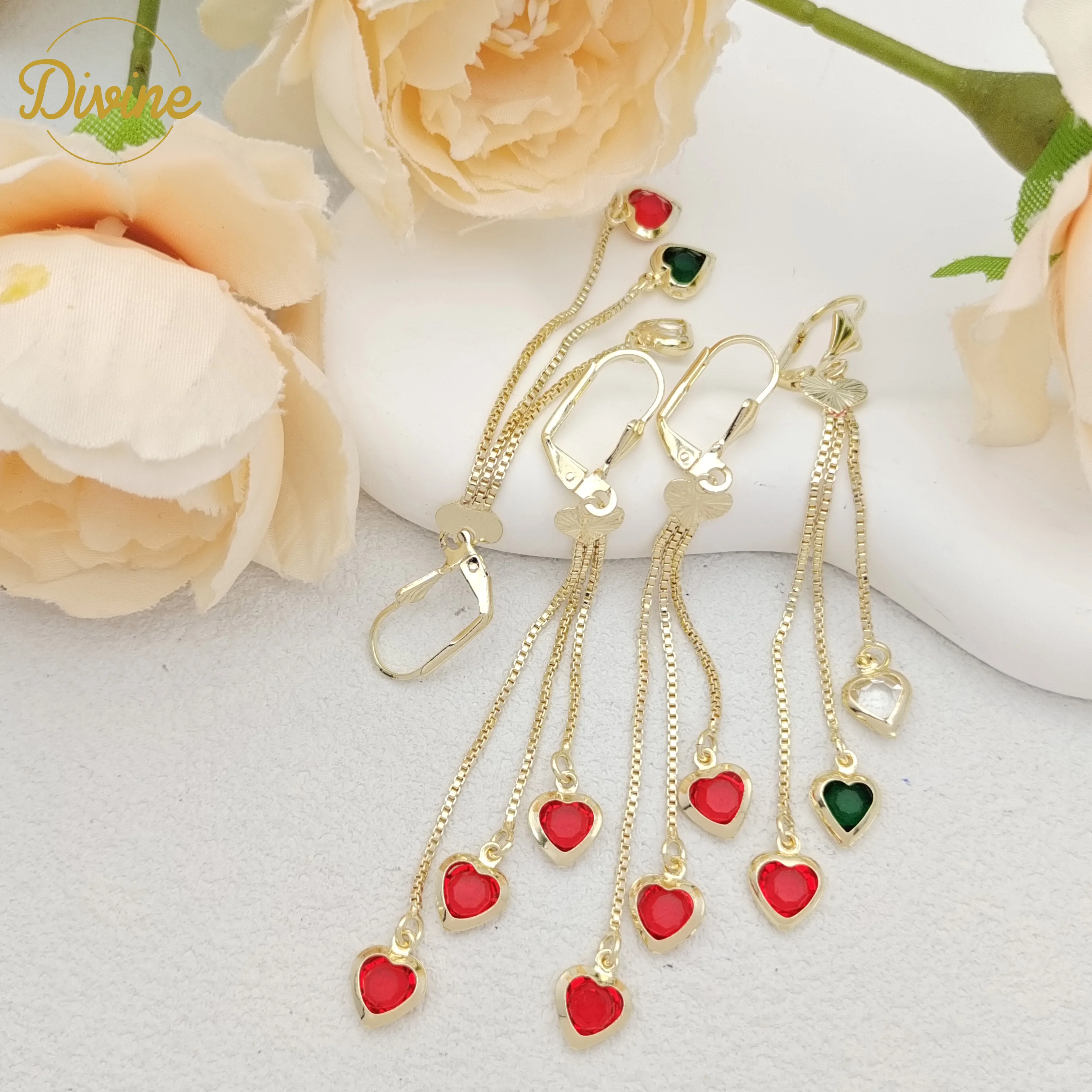 Wholesale Copper Love Heart Style Red Colorful Zircon Huggies 14k Gold Plated Hoop Long Earring Jewelry Accessories For Women